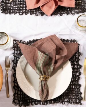 Brown Cotton Dinner Napkins with Teal Stripes – Set of 4