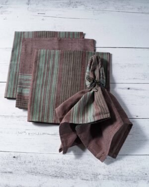 Brown Cotton Dinner Napkins with Teal Stripes – Set of 4