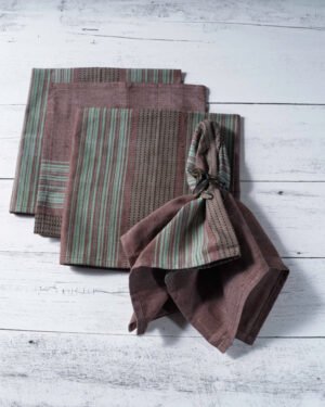 Brown Cotton Dinner Napkins with Teal Stripes – Set of 4
