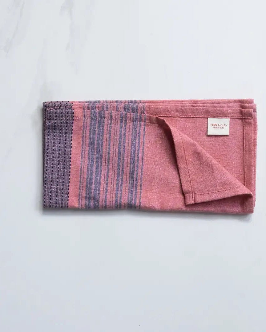 Pink Cotton Dinner Napkins with Blue Stripes – Set of 4
