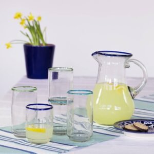 Teal with Blue Stripes Cotton Table Runner and  stacling glass